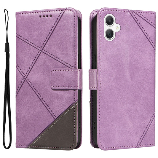 For Samsung Galaxy A06 Case Leather Geometric Line Wallet Phone Cover with Wrist Strap - Purple