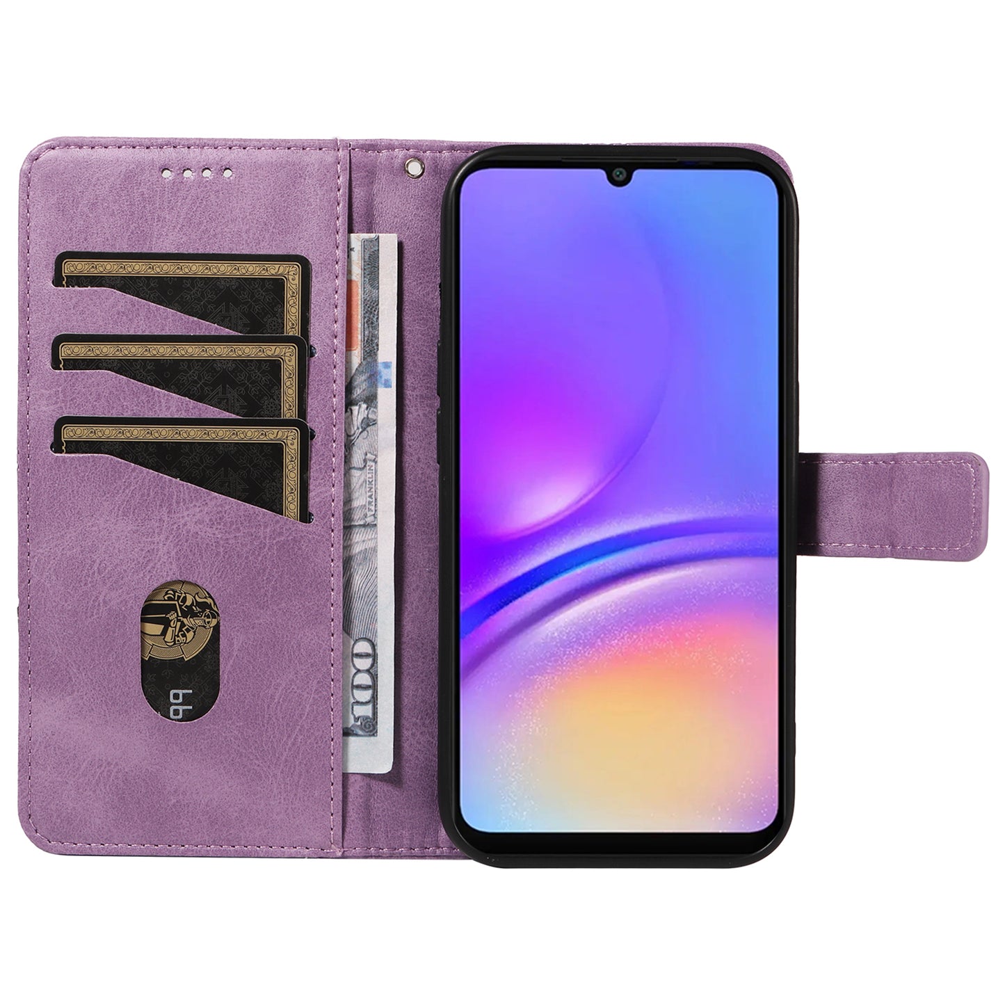 For Samsung Galaxy A06 Case Leather Geometric Line Wallet Phone Cover with Wrist Strap - Purple
