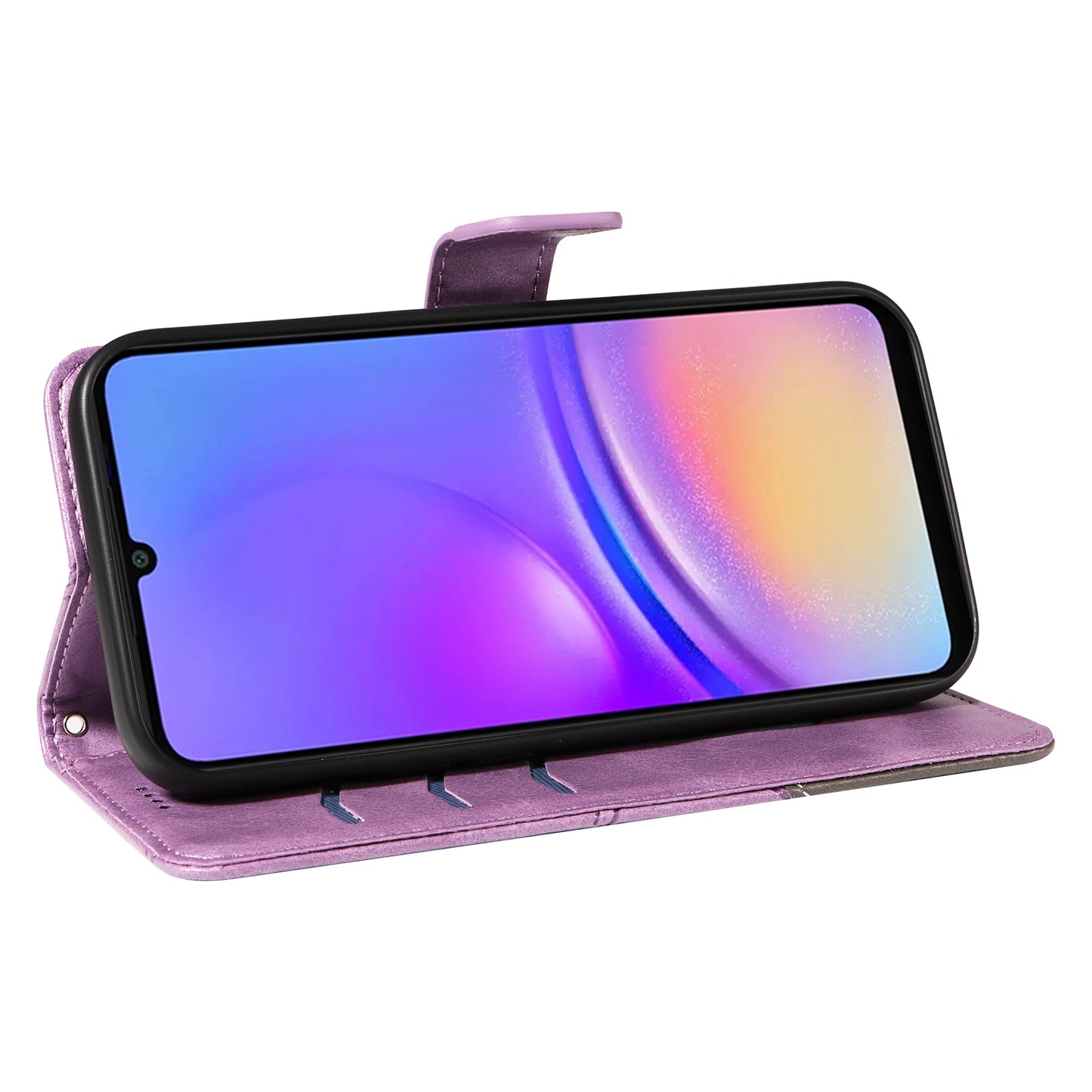 For Samsung Galaxy A06 Case Leather Geometric Line Wallet Phone Cover with Wrist Strap - Purple