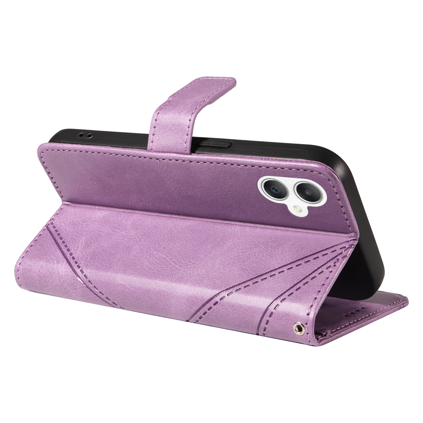 For Samsung Galaxy A06 Case Leather Geometric Line Wallet Phone Cover with Wrist Strap - Purple