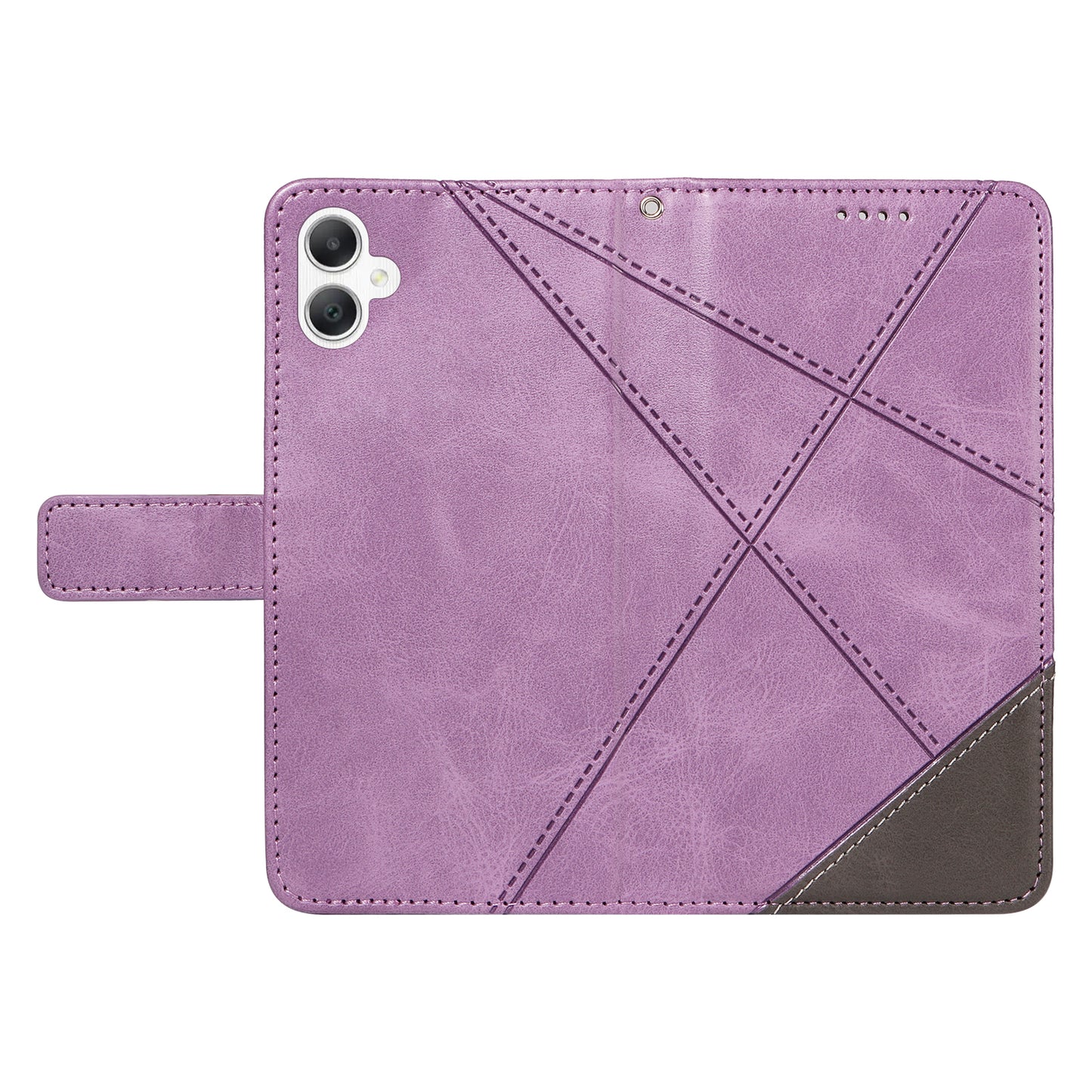 For Samsung Galaxy A06 Case Leather Geometric Line Wallet Phone Cover with Wrist Strap - Purple
