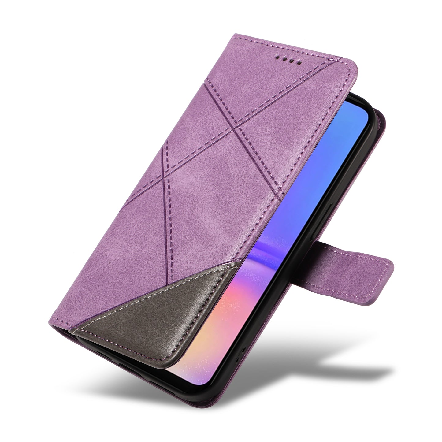 For Samsung Galaxy A06 Case Leather Geometric Line Wallet Phone Cover with Wrist Strap - Purple