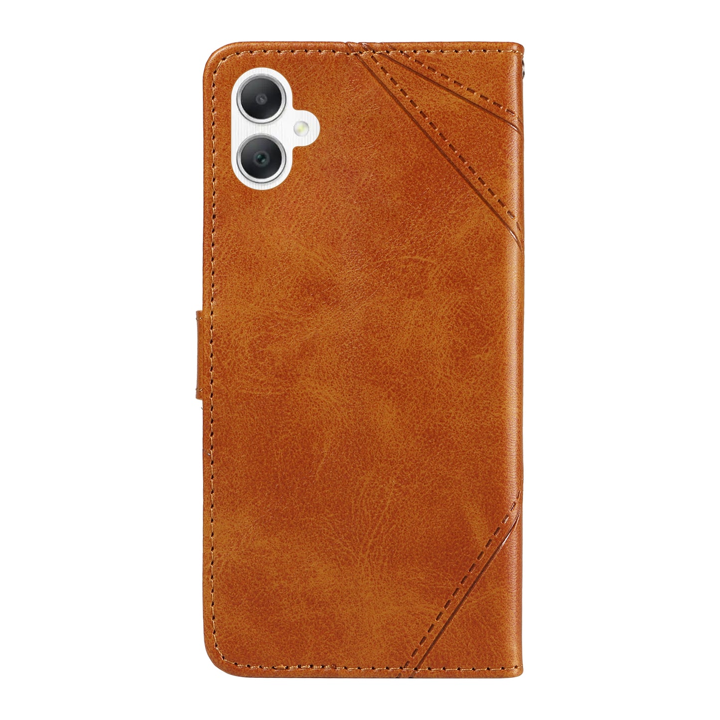 For Samsung Galaxy A06 Case Leather Geometric Line Wallet Phone Cover with Wrist Strap - Brown