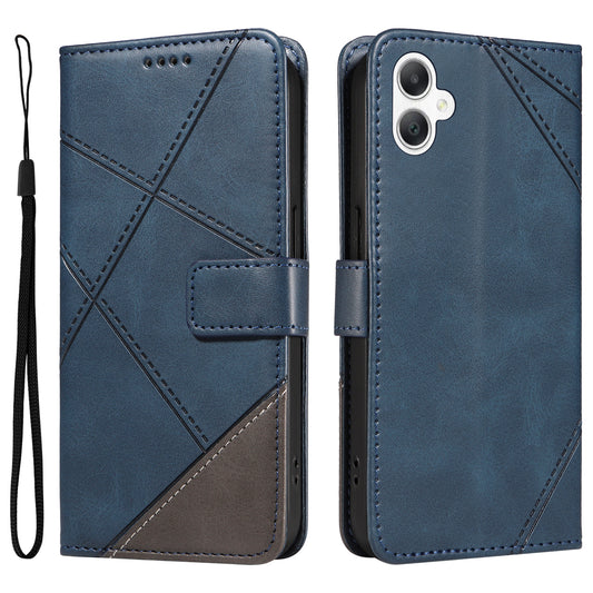 For Samsung Galaxy A06 Case Leather Geometric Line Wallet Phone Cover with Wrist Strap - Blue