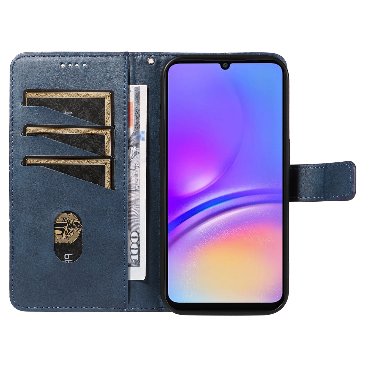 For Samsung Galaxy A06 Case Leather Geometric Line Wallet Phone Cover with Wrist Strap - Blue