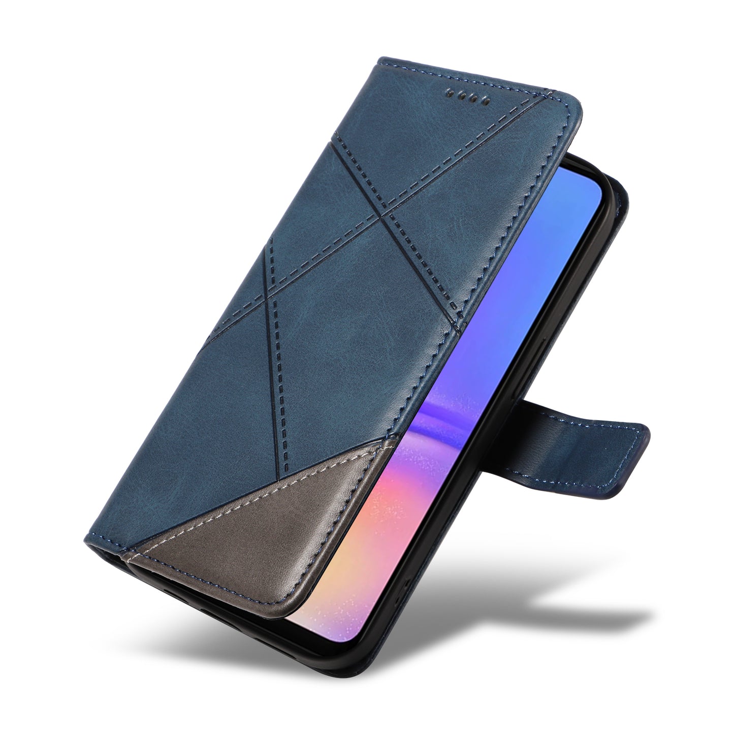For Samsung Galaxy A06 Case Leather Geometric Line Wallet Phone Cover with Wrist Strap - Blue