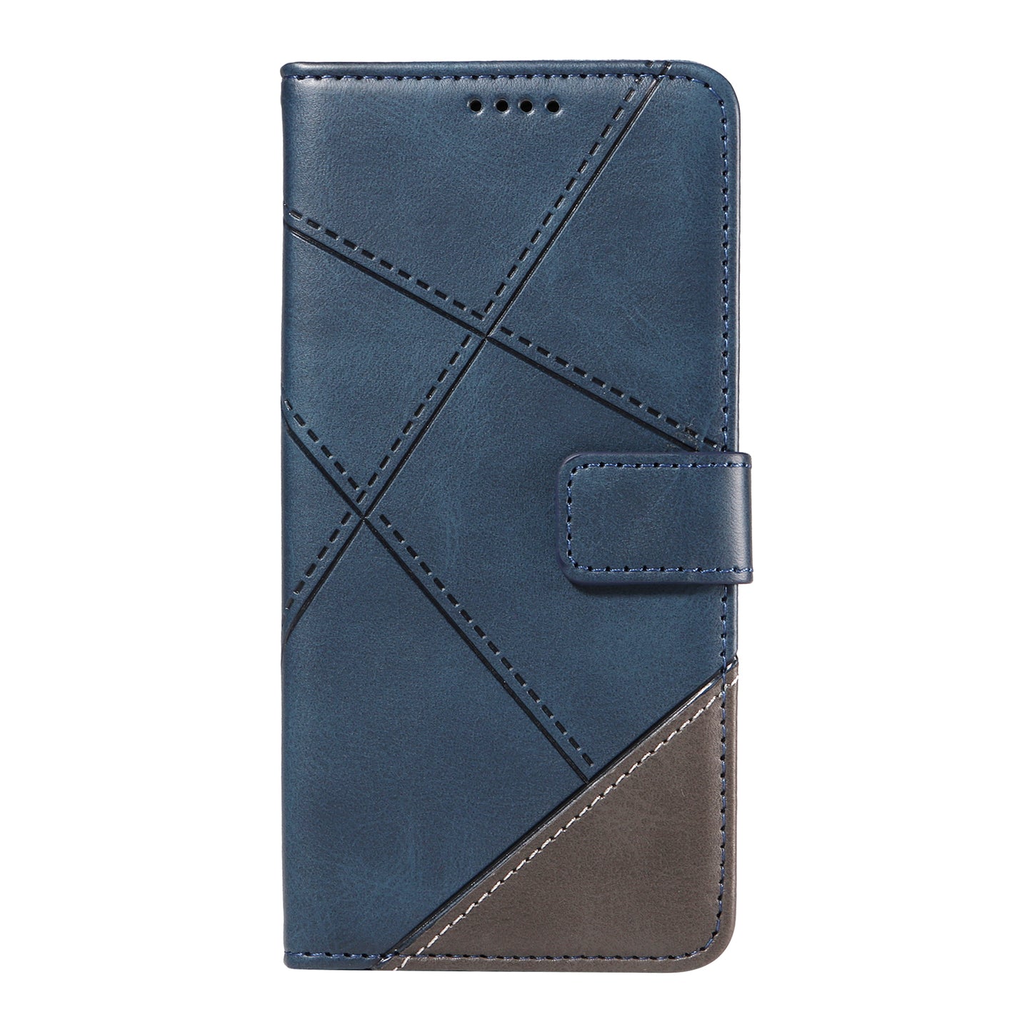 For Samsung Galaxy A06 Case Leather Geometric Line Wallet Phone Cover with Wrist Strap - Blue