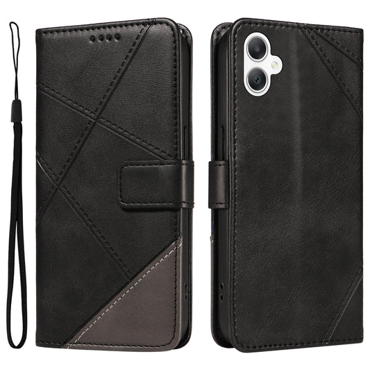 For Samsung Galaxy A06 Case Leather Geometric Line Wallet Phone Cover with Wrist Strap - Black