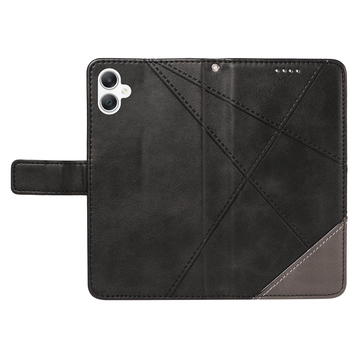 For Samsung Galaxy A06 Case Leather Geometric Line Wallet Phone Cover with Wrist Strap - Black
