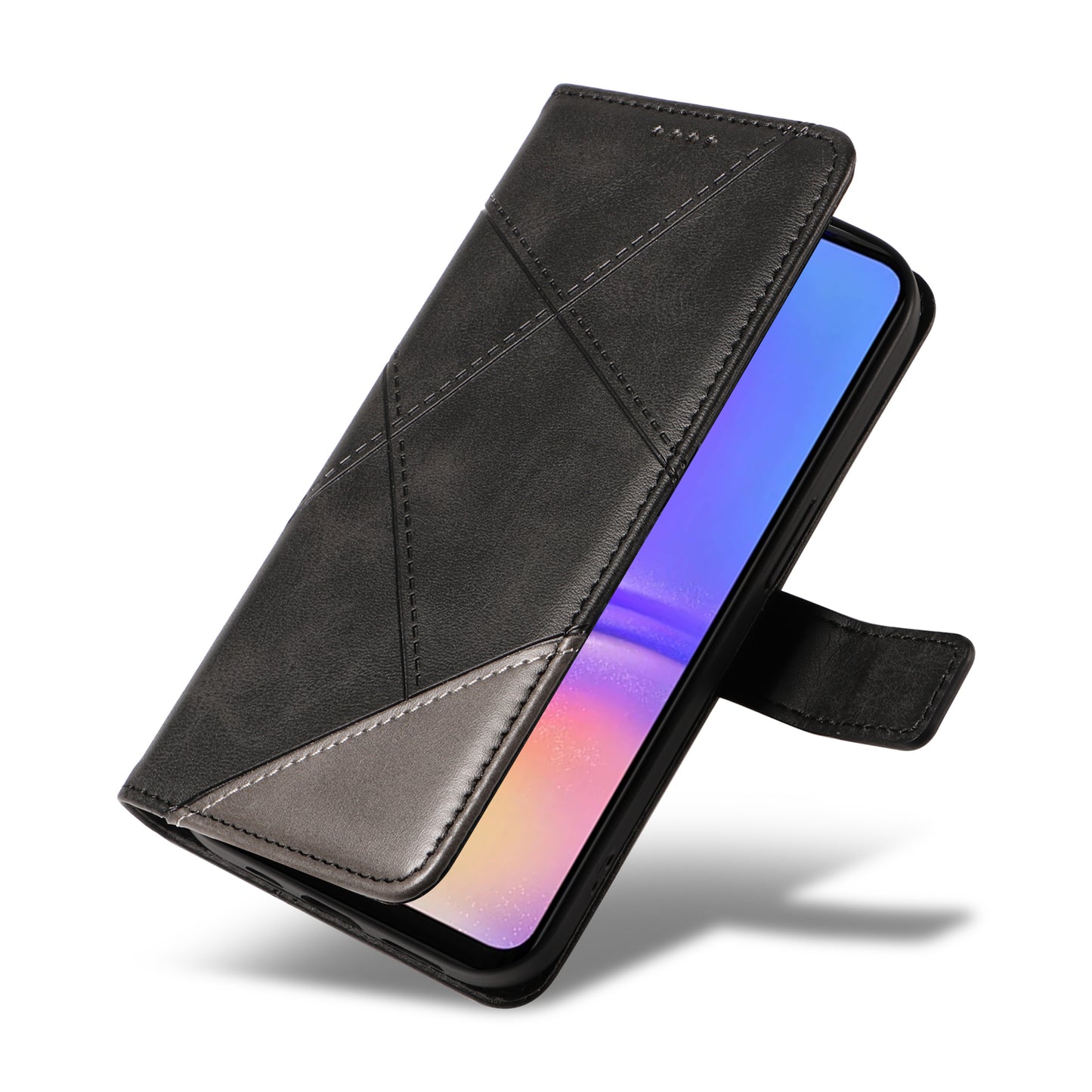 For Samsung Galaxy A06 Case Leather Geometric Line Wallet Phone Cover with Wrist Strap - Black