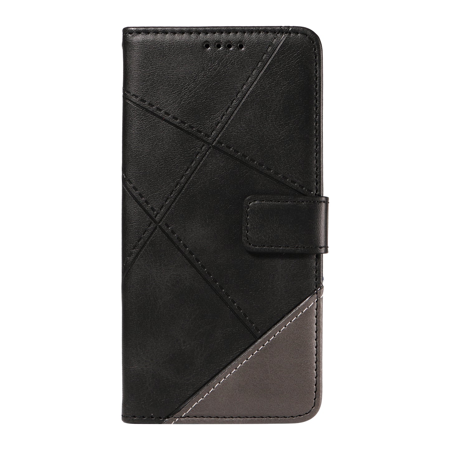 For Samsung Galaxy A06 Case Leather Geometric Line Wallet Phone Cover with Wrist Strap - Black