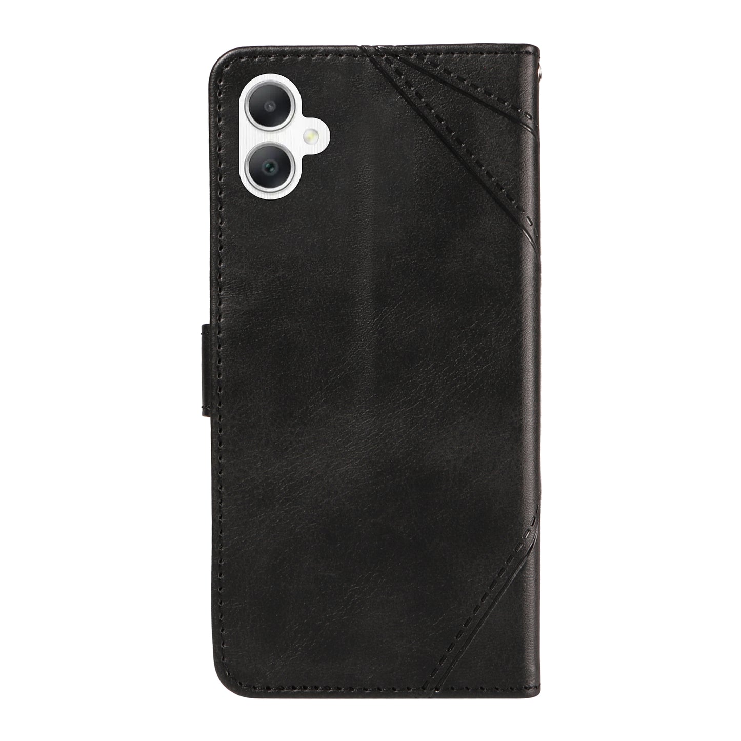 For Samsung Galaxy A06 Case Leather Geometric Line Wallet Phone Cover with Wrist Strap - Black