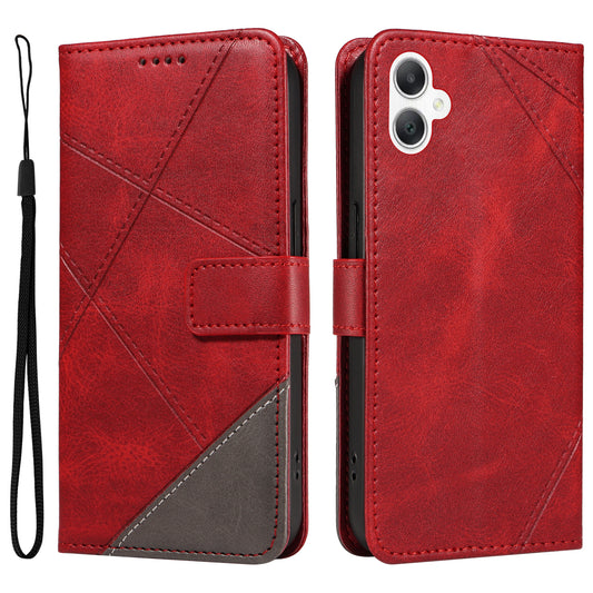For Samsung Galaxy A06 Case Leather Geometric Line Wallet Phone Cover with Wrist Strap - Red