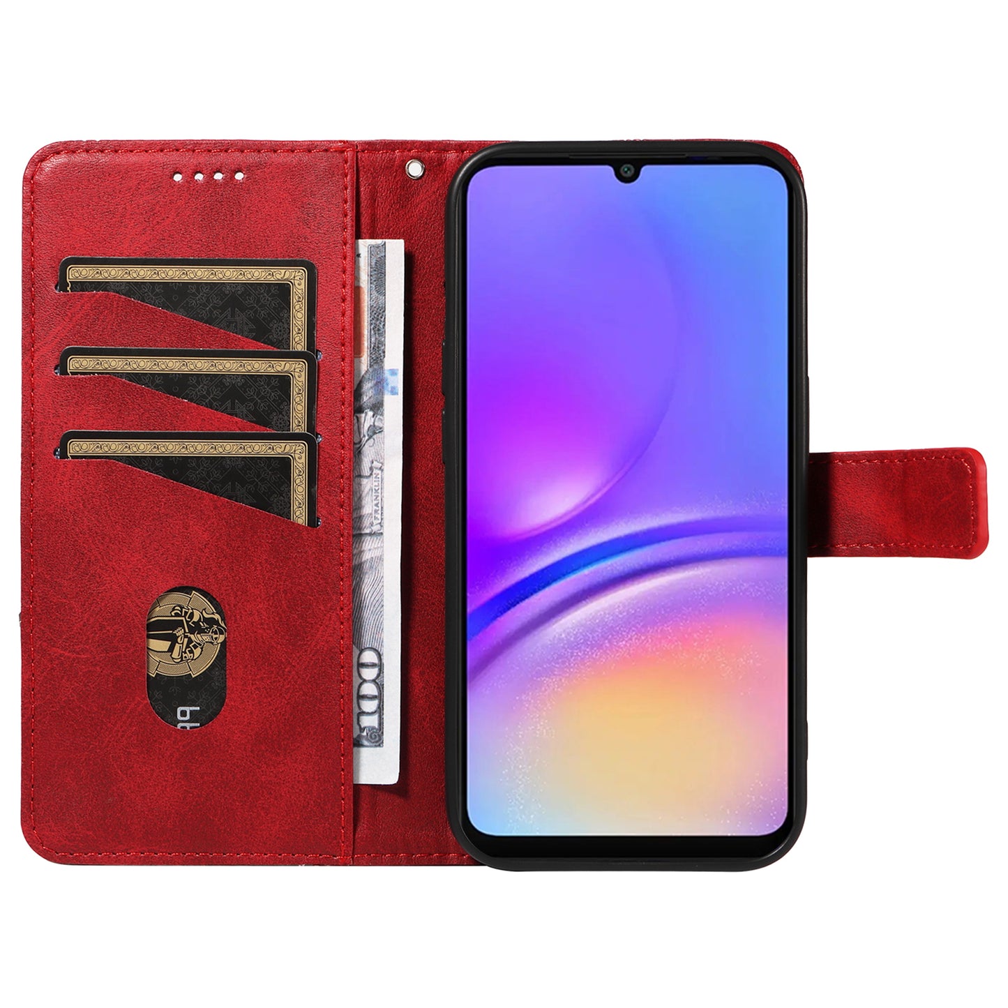For Samsung Galaxy A06 Case Leather Geometric Line Wallet Phone Cover with Wrist Strap - Red