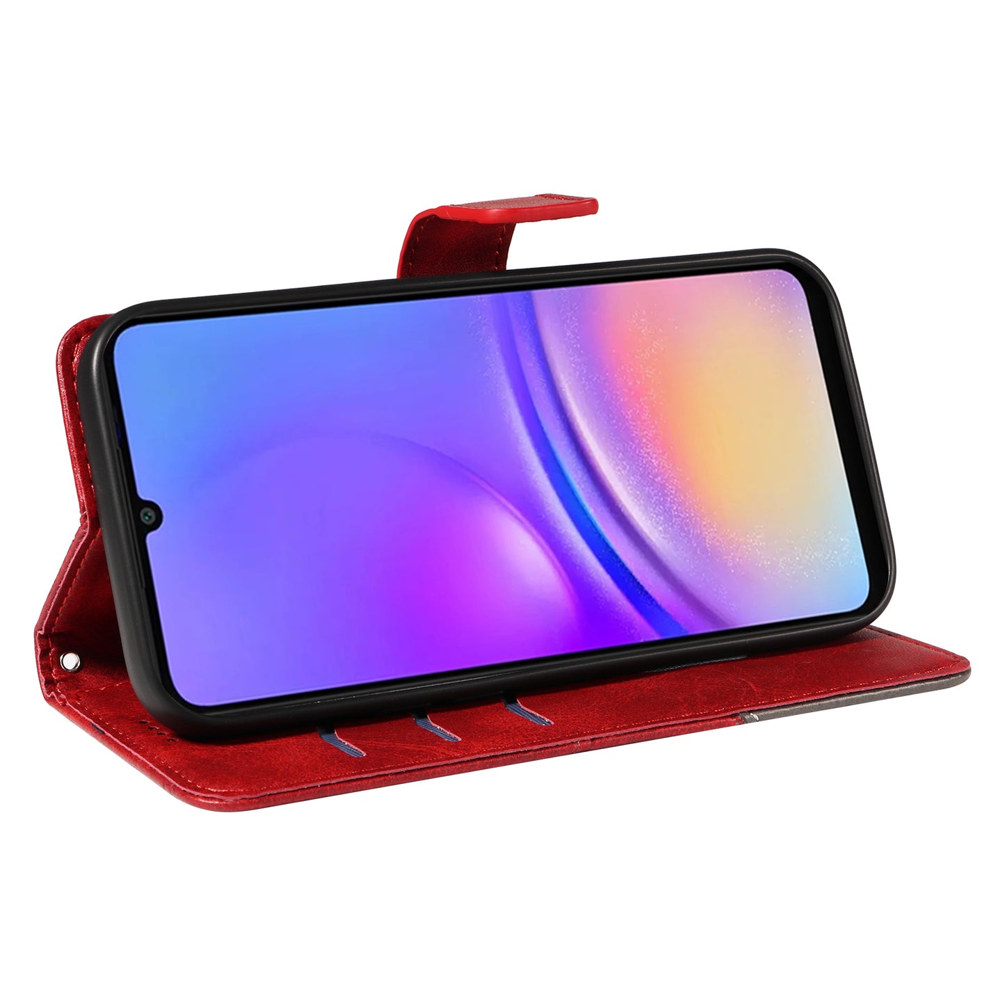 For Samsung Galaxy A06 Case Leather Geometric Line Wallet Phone Cover with Wrist Strap - Red