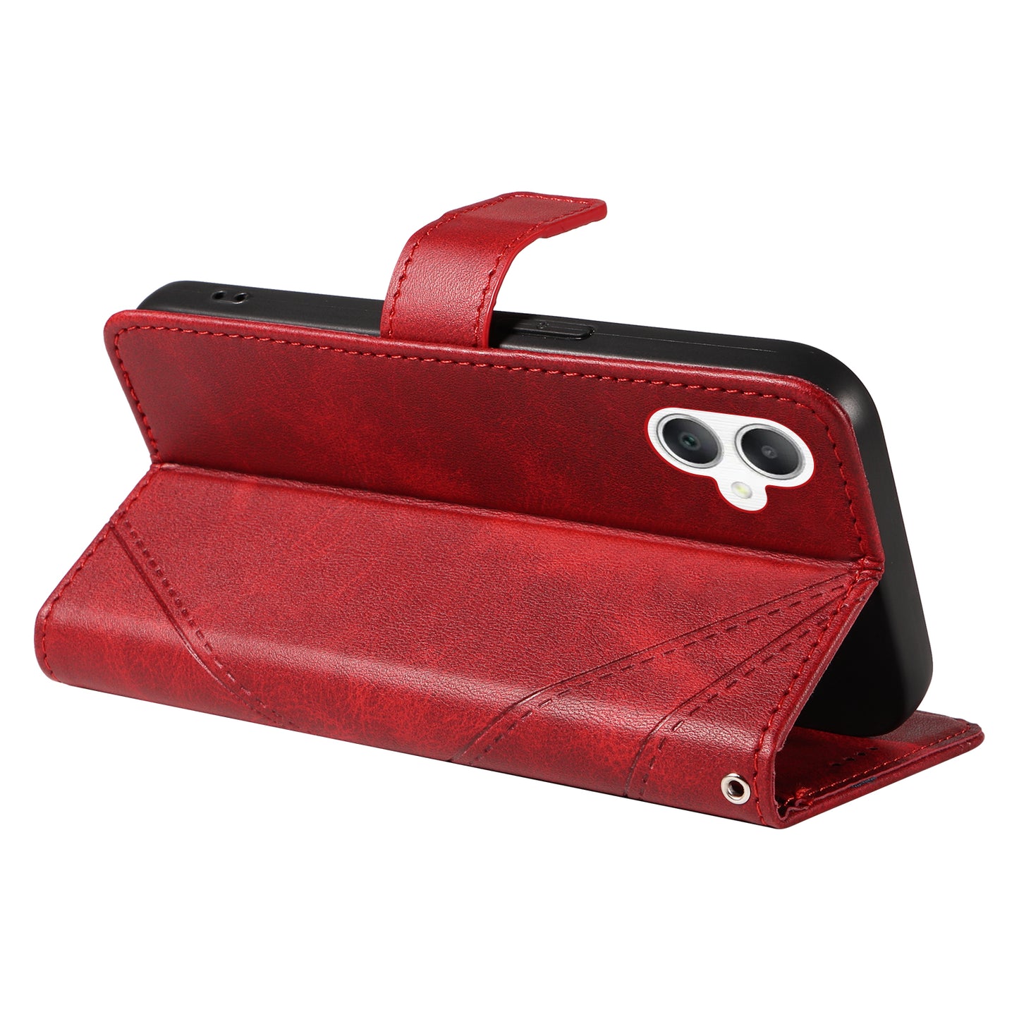 For Samsung Galaxy A06 Case Leather Geometric Line Wallet Phone Cover with Wrist Strap - Red