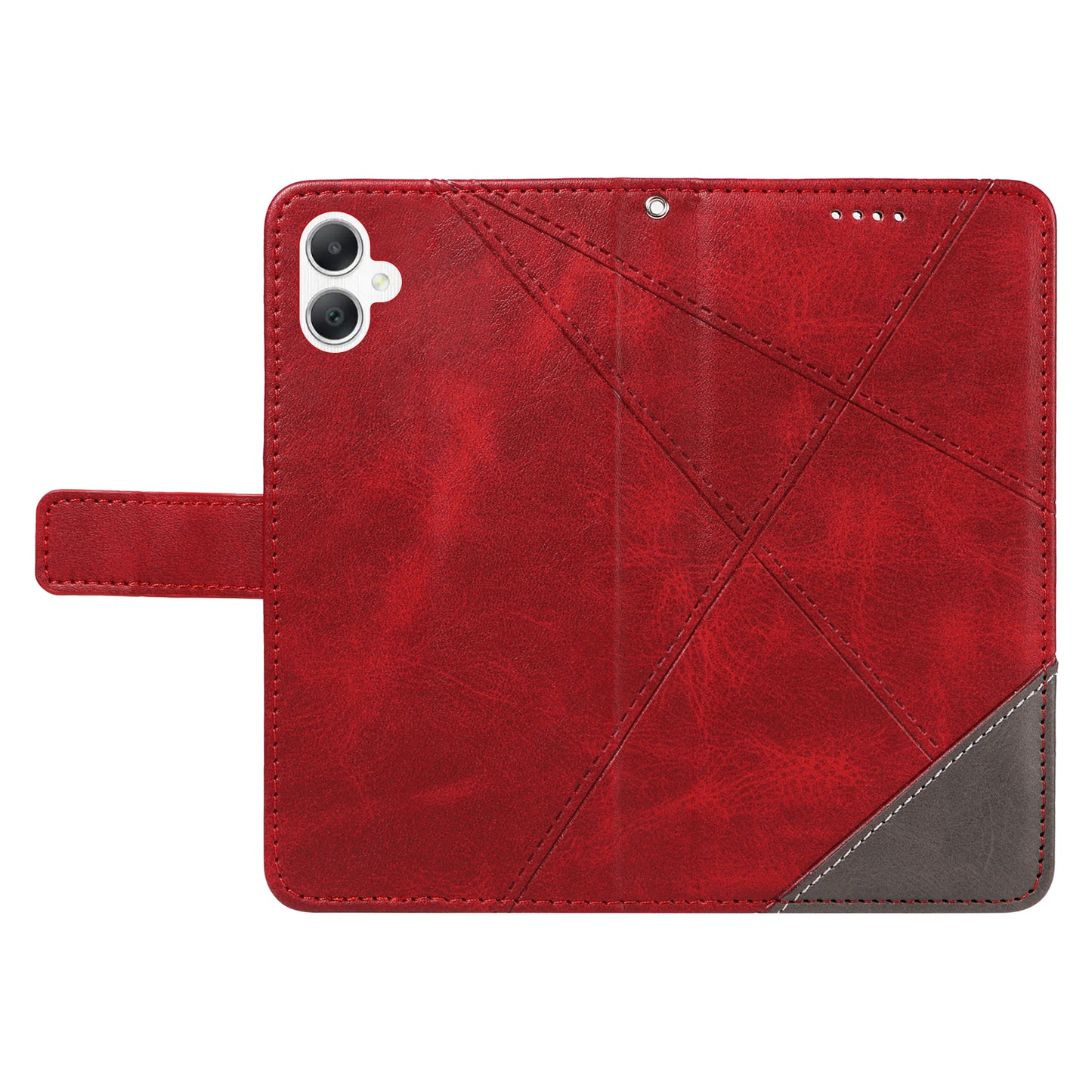 For Samsung Galaxy A06 Case Leather Geometric Line Wallet Phone Cover with Wrist Strap - Red