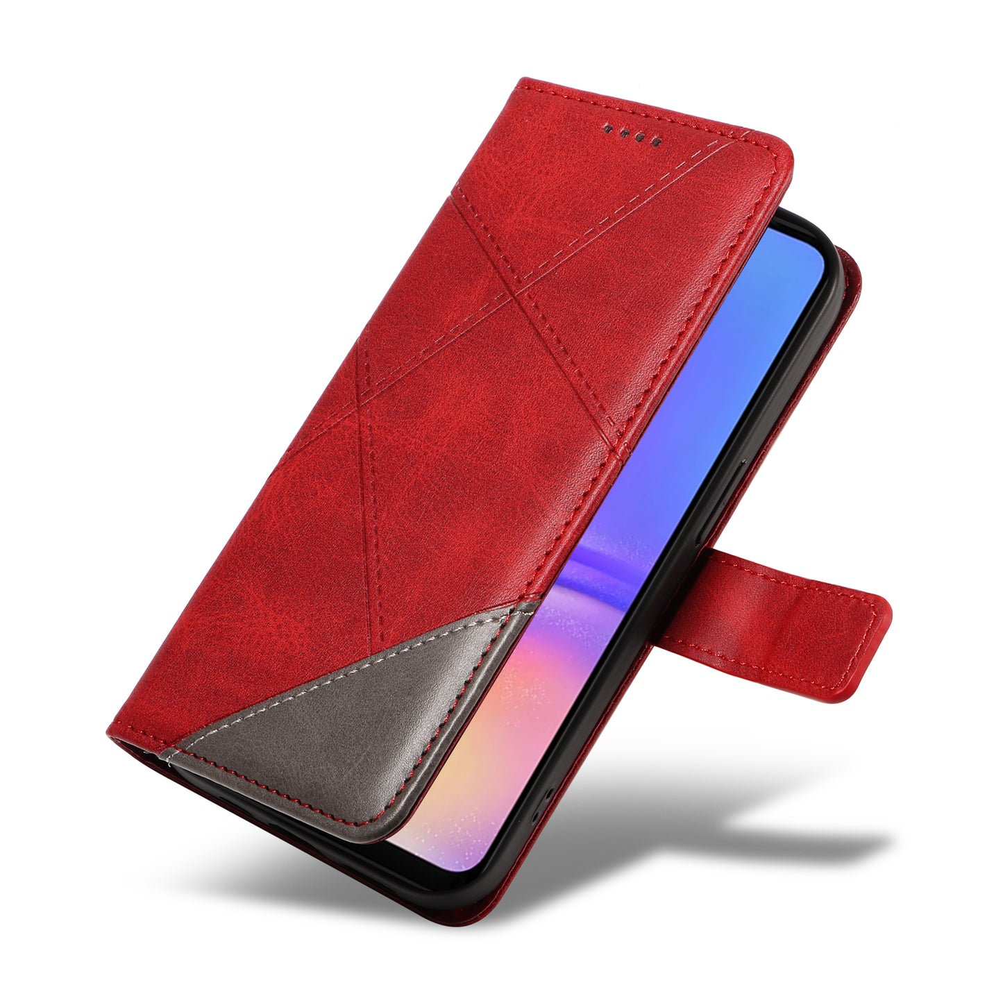 For Samsung Galaxy A06 Case Leather Geometric Line Wallet Phone Cover with Wrist Strap - Red