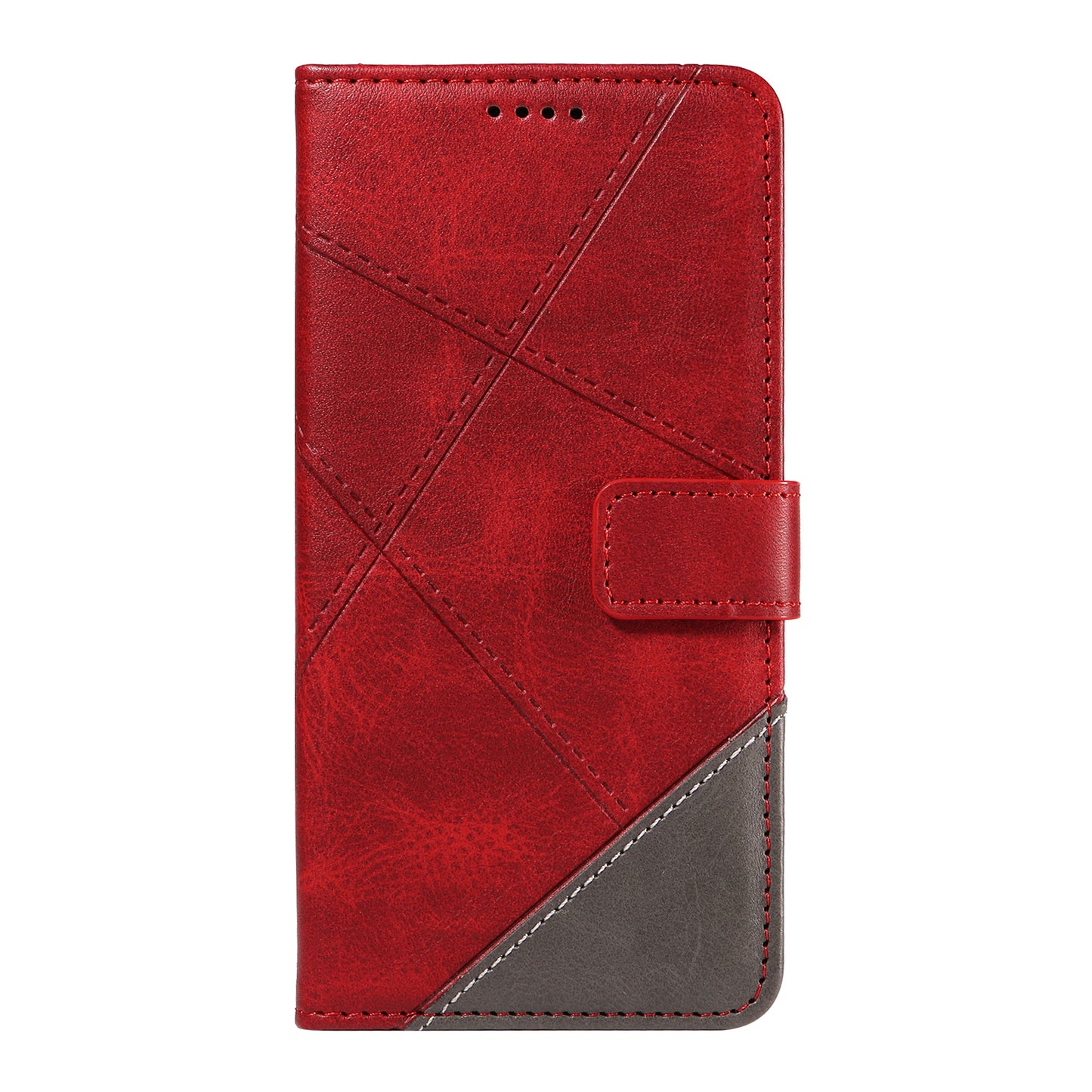 For Samsung Galaxy A06 Case Leather Geometric Line Wallet Phone Cover with Wrist Strap - Red