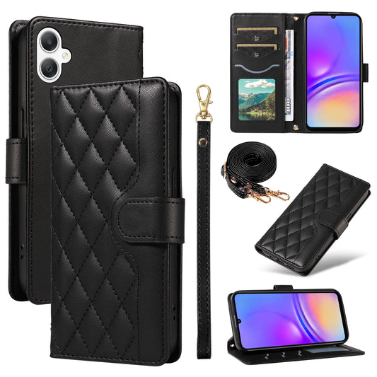 For Samsung Galaxy A06 Case Wallet Rhombus Leather Phone Cover with Shoulder Strap, Wrist Strap - Black