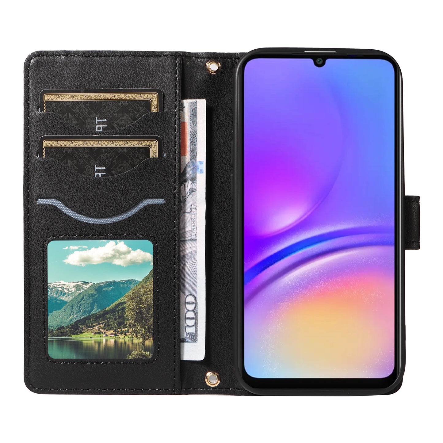 For Samsung Galaxy A06 Case Wallet Rhombus Leather Phone Cover with Shoulder Strap, Wrist Strap - Black