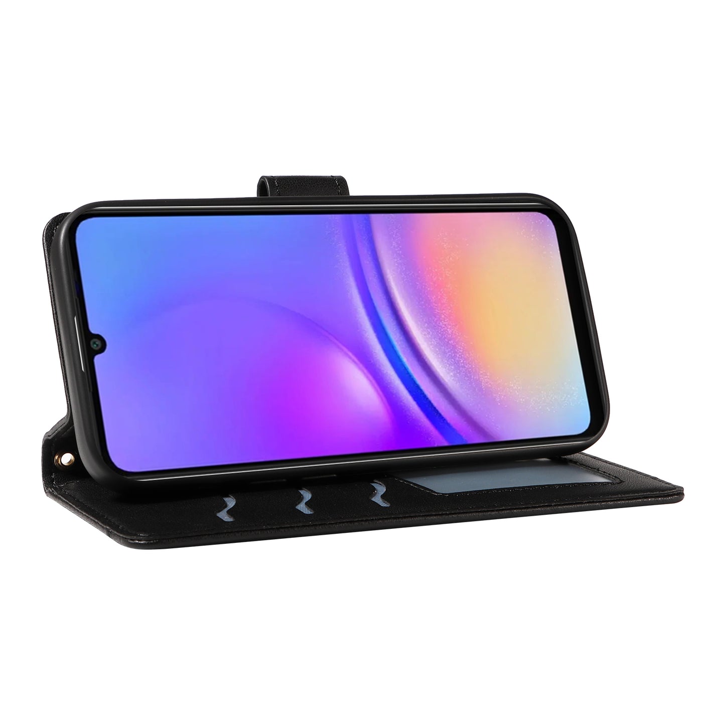 For Samsung Galaxy A06 Case Wallet Rhombus Leather Phone Cover with Shoulder Strap, Wrist Strap - Black