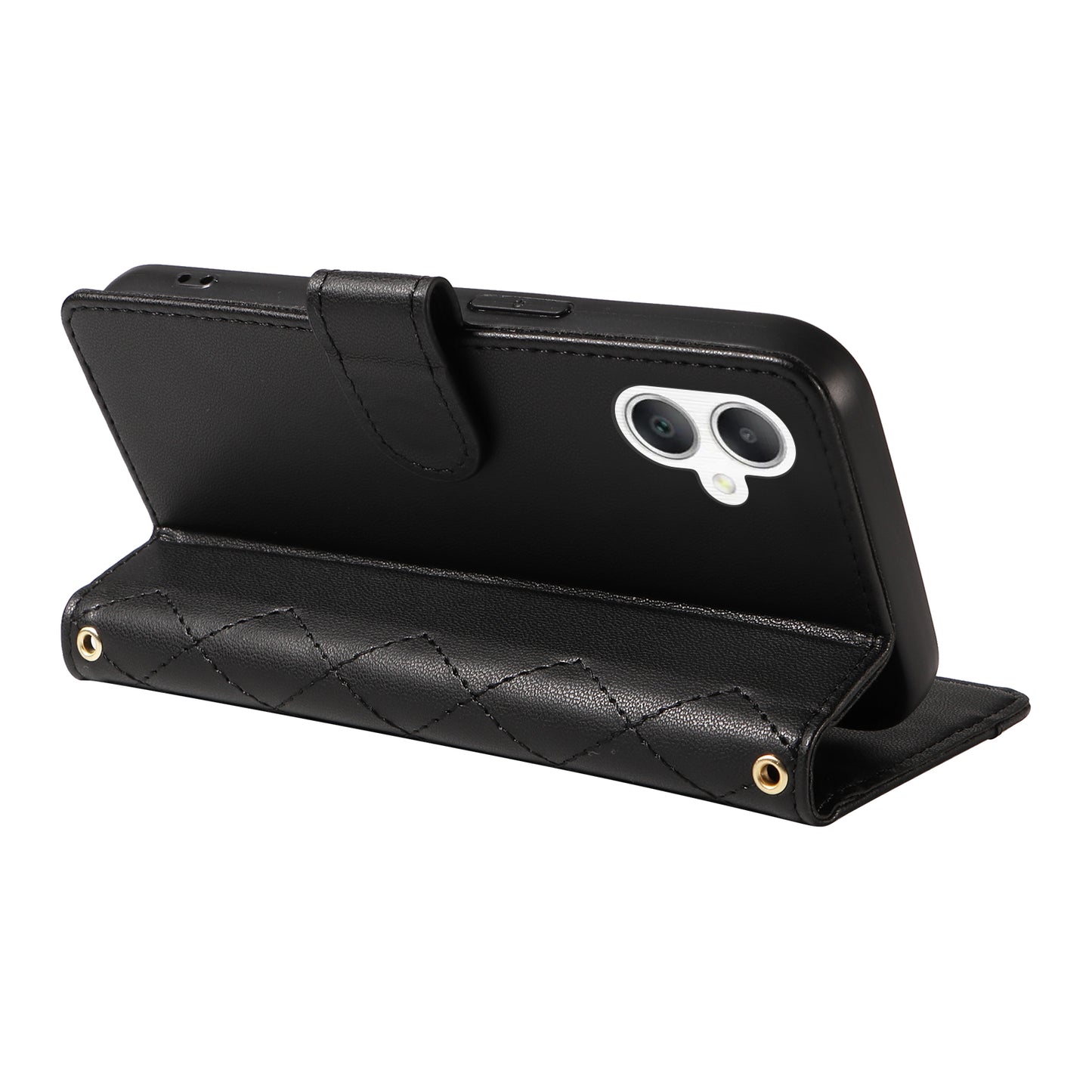 For Samsung Galaxy A06 Case Wallet Rhombus Leather Phone Cover with Shoulder Strap, Wrist Strap - Black