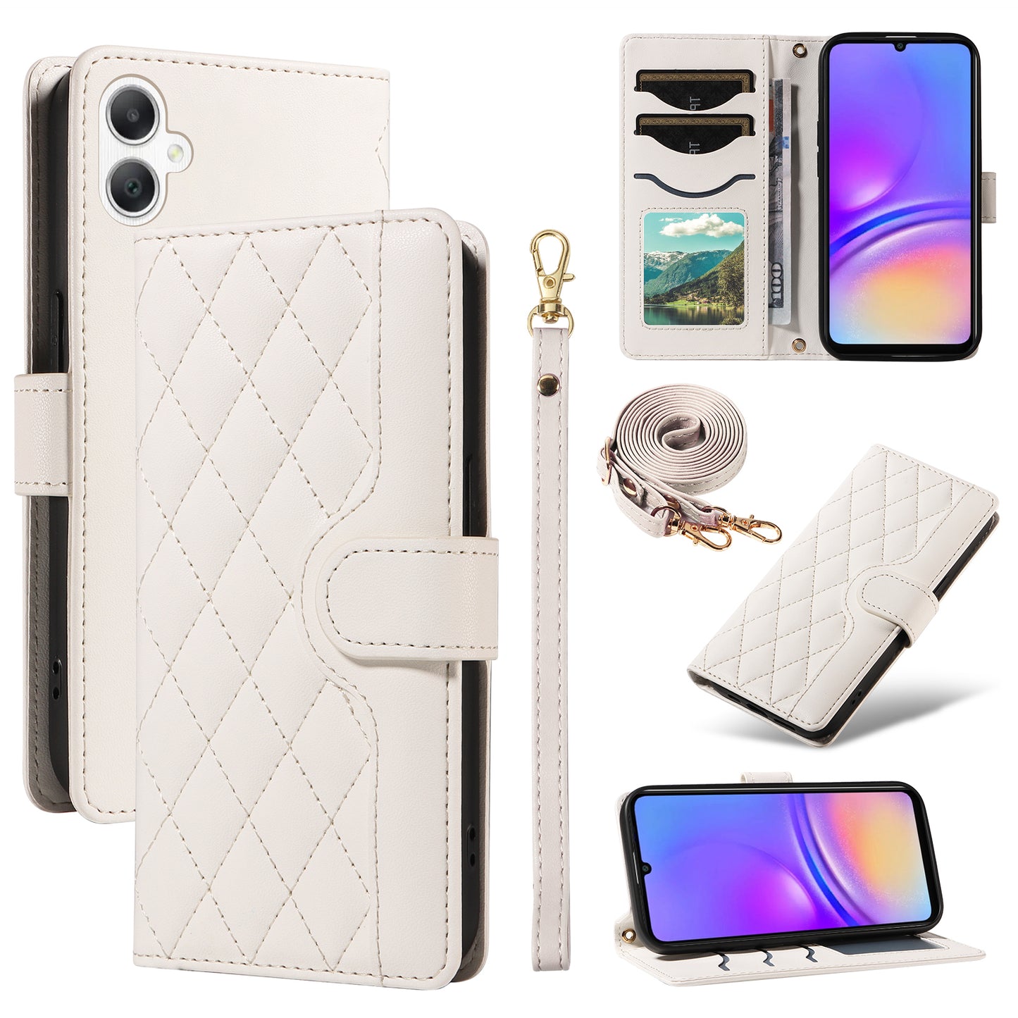 For Samsung Galaxy A06 Case Wallet Rhombus Leather Phone Cover with Shoulder Strap, Wrist Strap - White