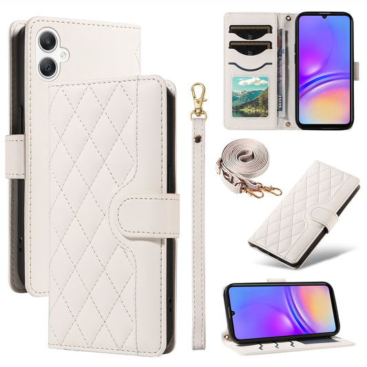 For Samsung Galaxy A06 Case Wallet Rhombus Leather Phone Cover with Shoulder Strap, Wrist Strap - White