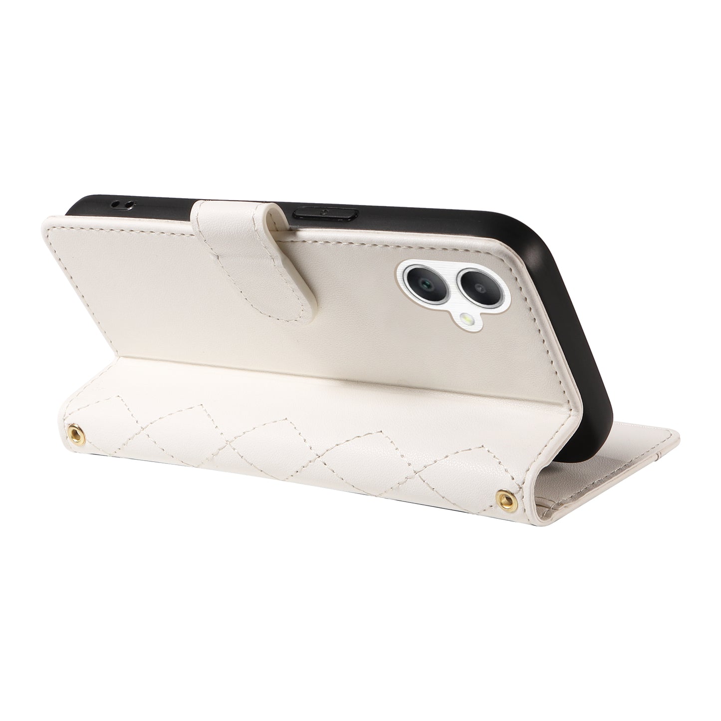 For Samsung Galaxy A06 Case Wallet Rhombus Leather Phone Cover with Shoulder Strap, Wrist Strap - White