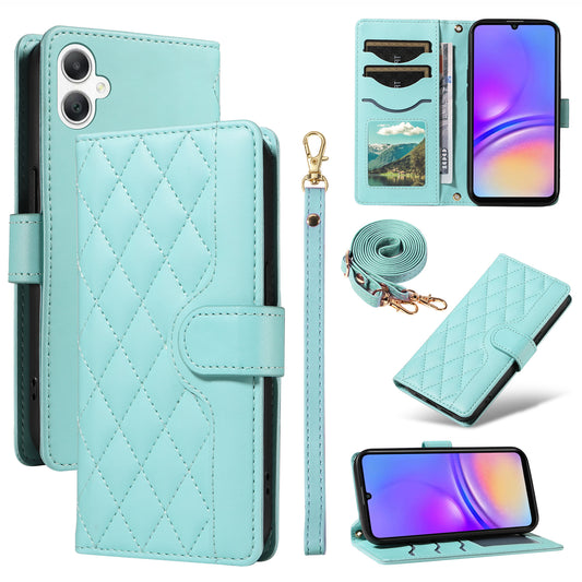 For Samsung Galaxy A06 Case Wallet Rhombus Leather Phone Cover with Shoulder Strap, Wrist Strap - Green