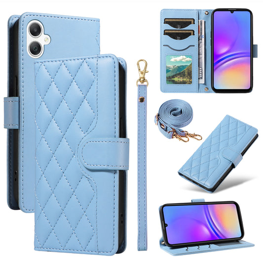 For Samsung Galaxy A06 Case Wallet Rhombus Leather Phone Cover with Shoulder Strap, Wrist Strap - Blue