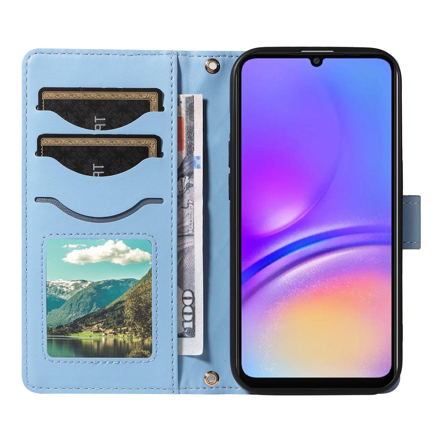 For Samsung Galaxy A06 Case Wallet Rhombus Leather Phone Cover with Shoulder Strap, Wrist Strap - Blue