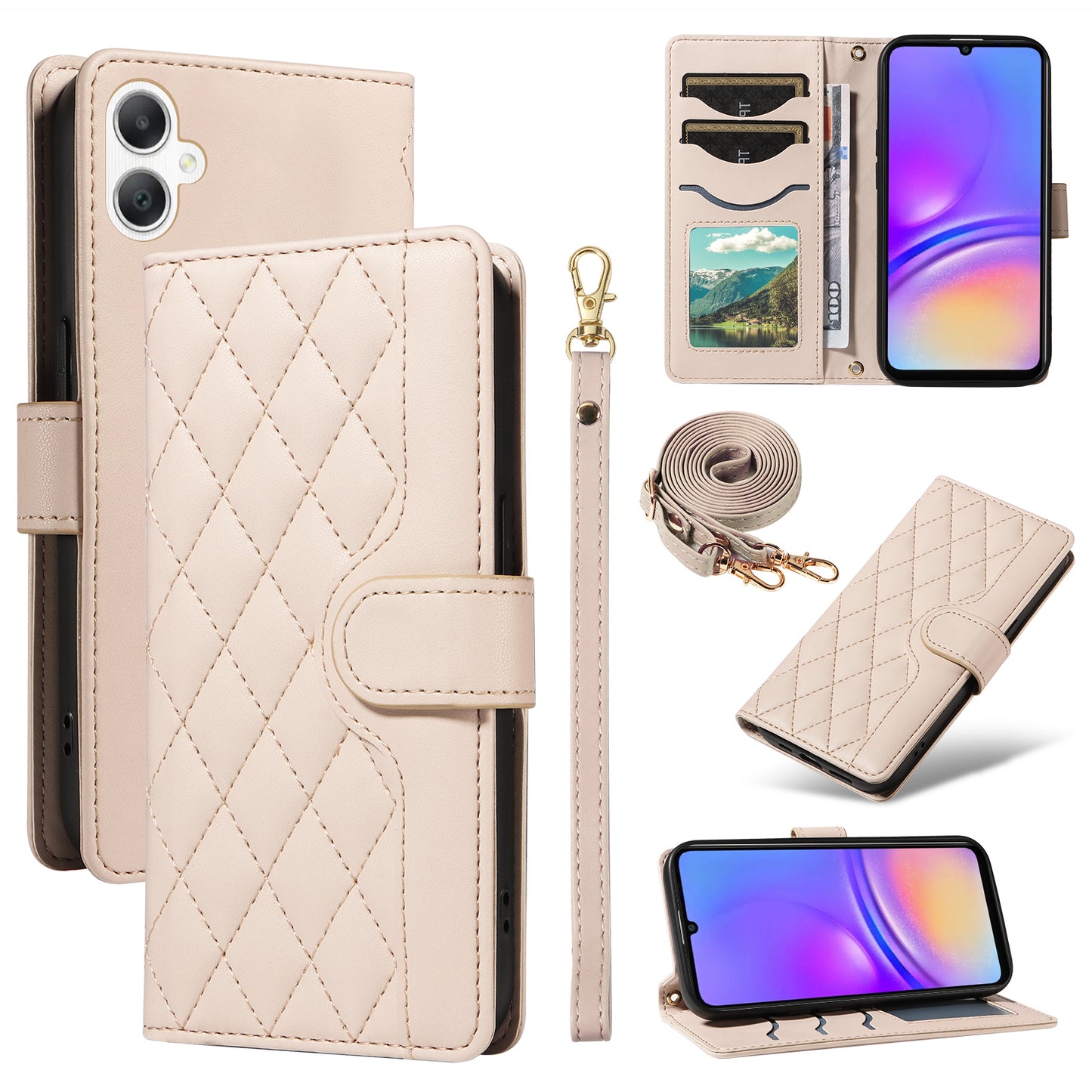 For Samsung Galaxy A06 Case Wallet Rhombus Leather Phone Cover with Shoulder Strap, Wrist Strap - Apricot