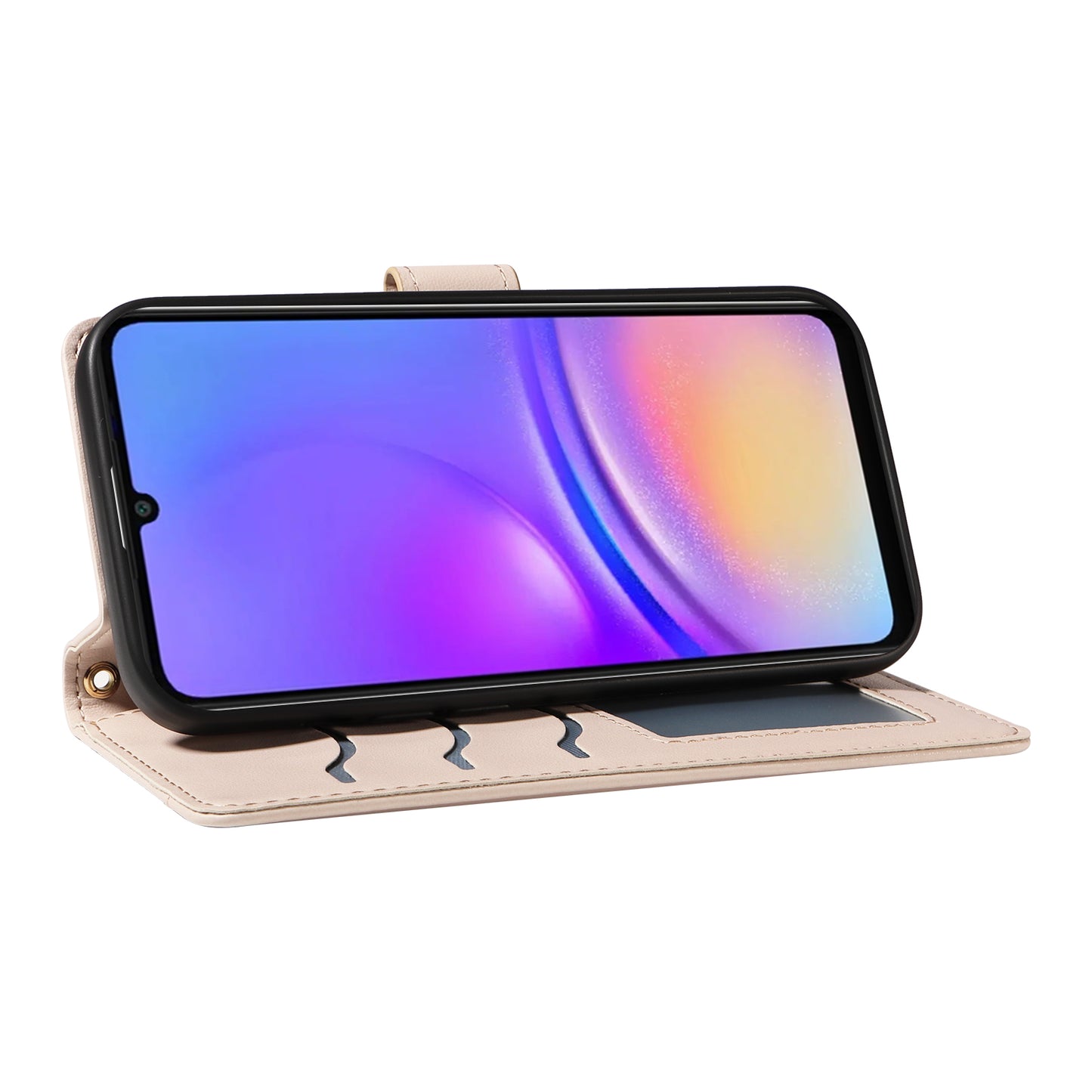 For Samsung Galaxy A06 Case Wallet Rhombus Leather Phone Cover with Shoulder Strap, Wrist Strap - Apricot