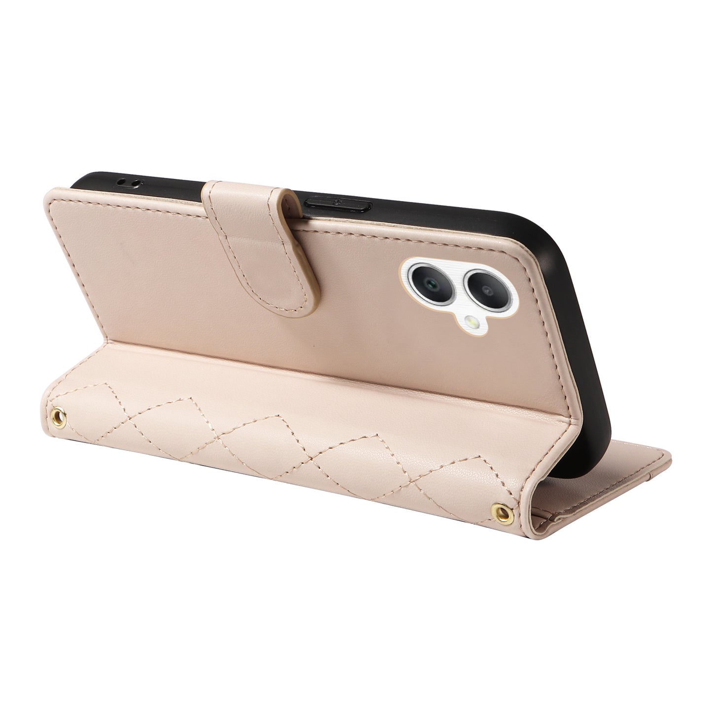 For Samsung Galaxy A06 Case Wallet Rhombus Leather Phone Cover with Shoulder Strap, Wrist Strap - Apricot