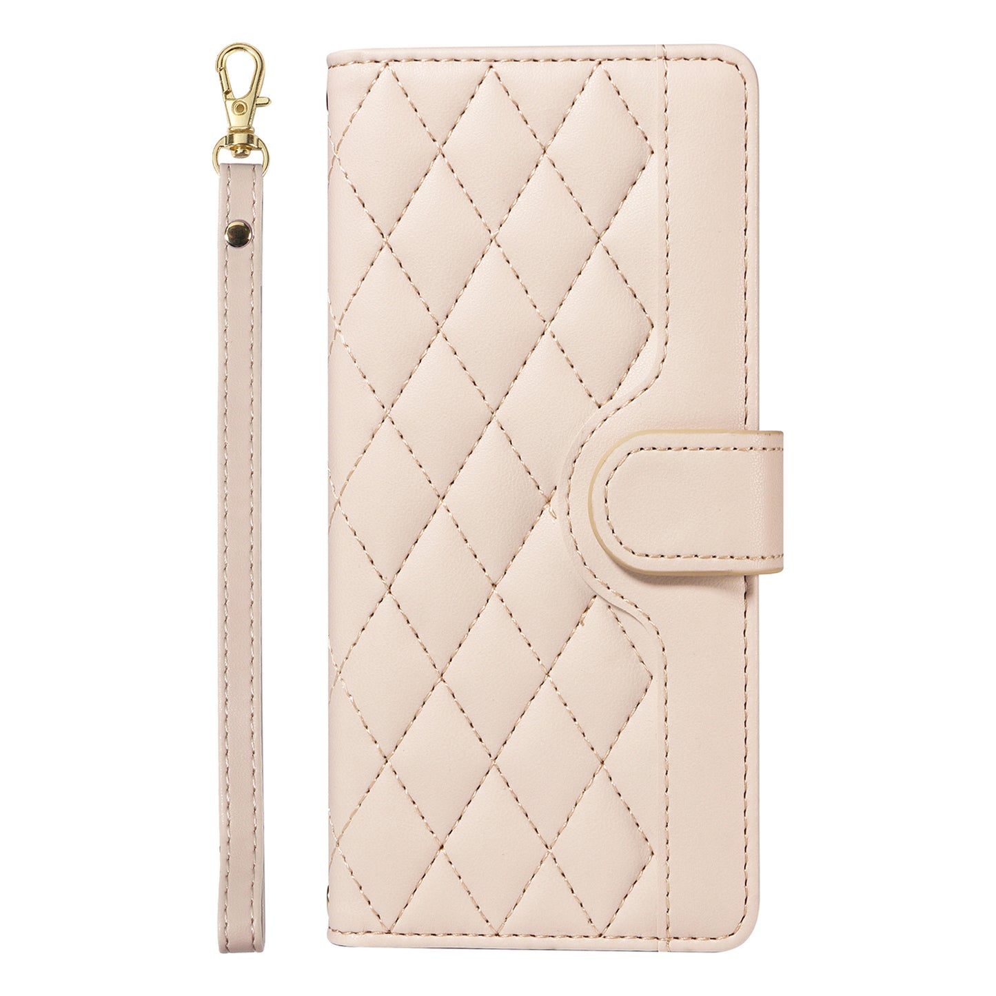 For Samsung Galaxy A06 Case Wallet Rhombus Leather Phone Cover with Shoulder Strap, Wrist Strap - Apricot