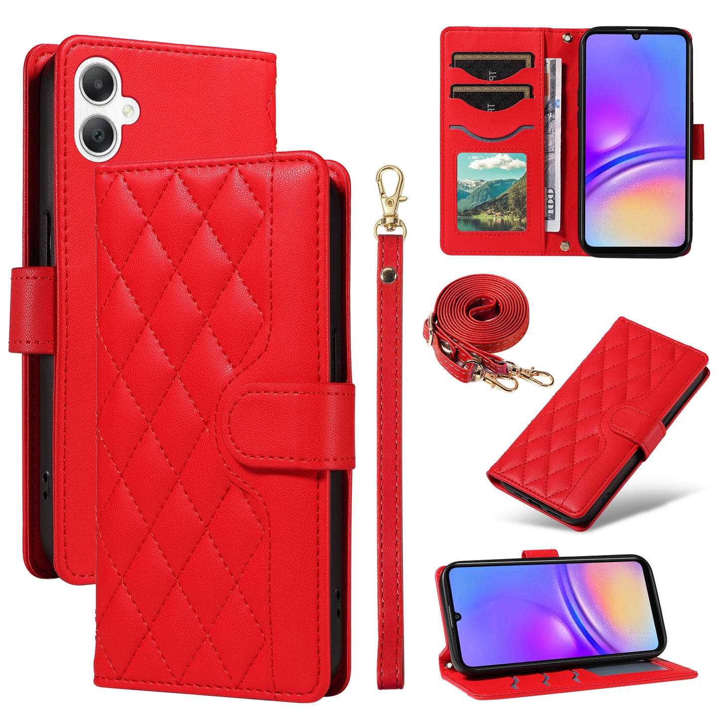 For Samsung Galaxy A06 Case Wallet Rhombus Leather Phone Cover with Shoulder Strap, Wrist Strap - Red