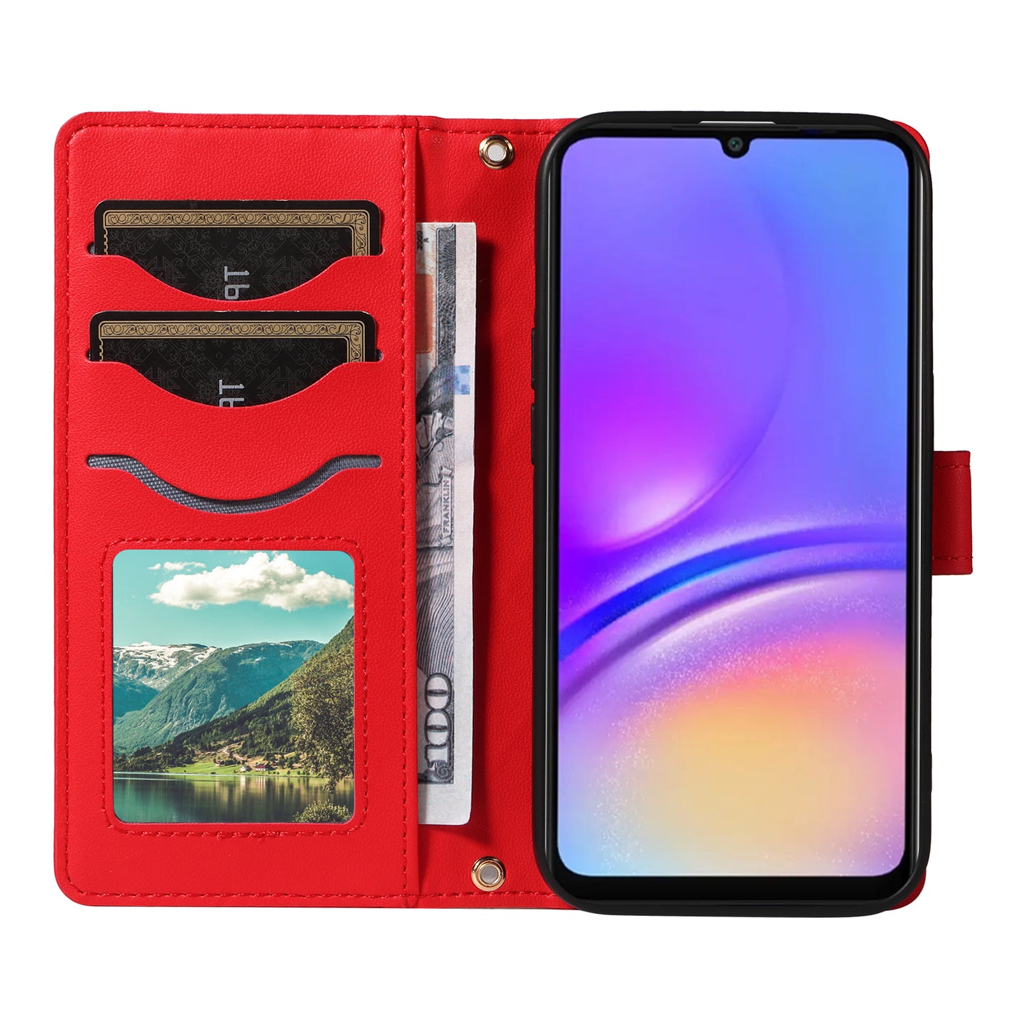 For Samsung Galaxy A06 Case Wallet Rhombus Leather Phone Cover with Shoulder Strap, Wrist Strap - Red