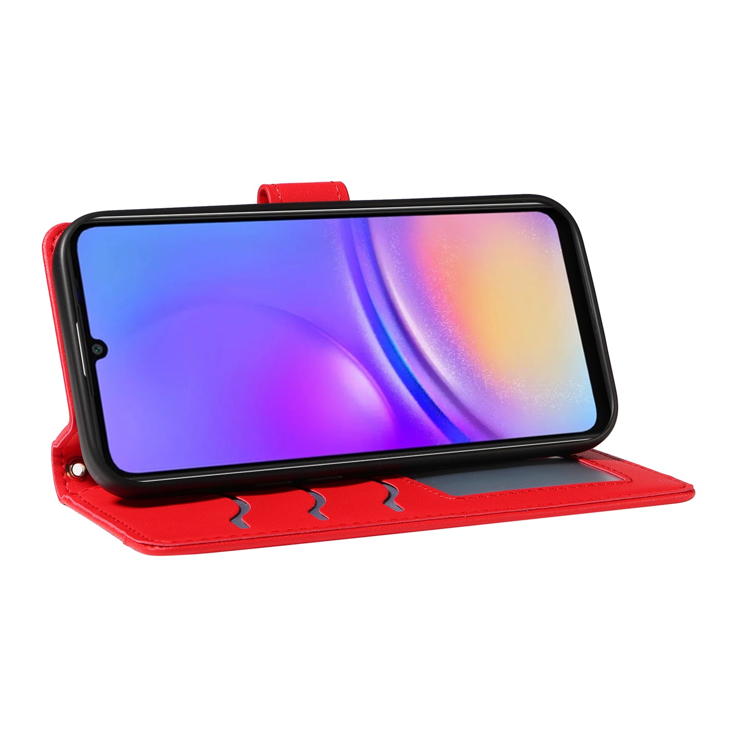 For Samsung Galaxy A06 Case Wallet Rhombus Leather Phone Cover with Shoulder Strap, Wrist Strap - Red