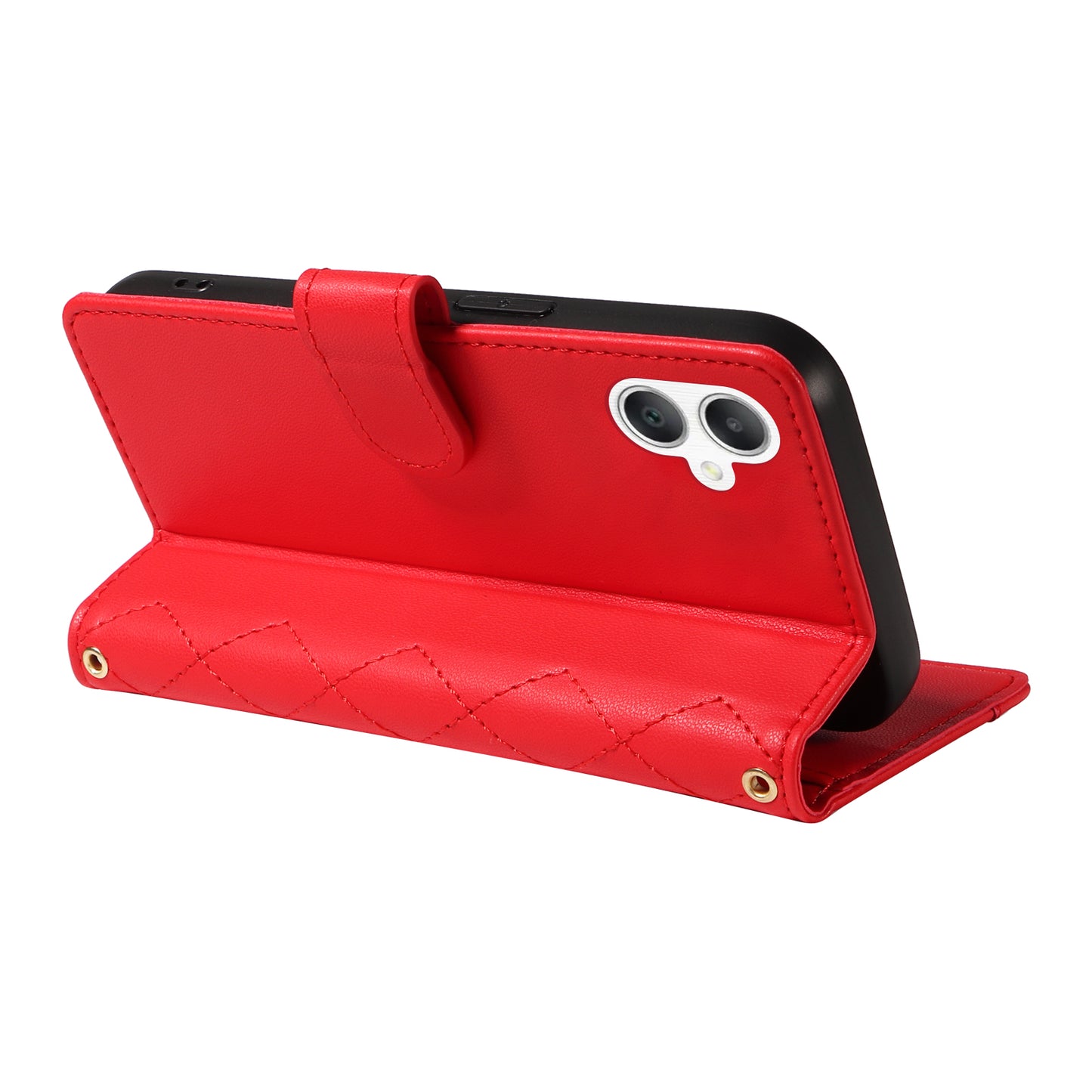 For Samsung Galaxy A06 Case Wallet Rhombus Leather Phone Cover with Shoulder Strap, Wrist Strap - Red