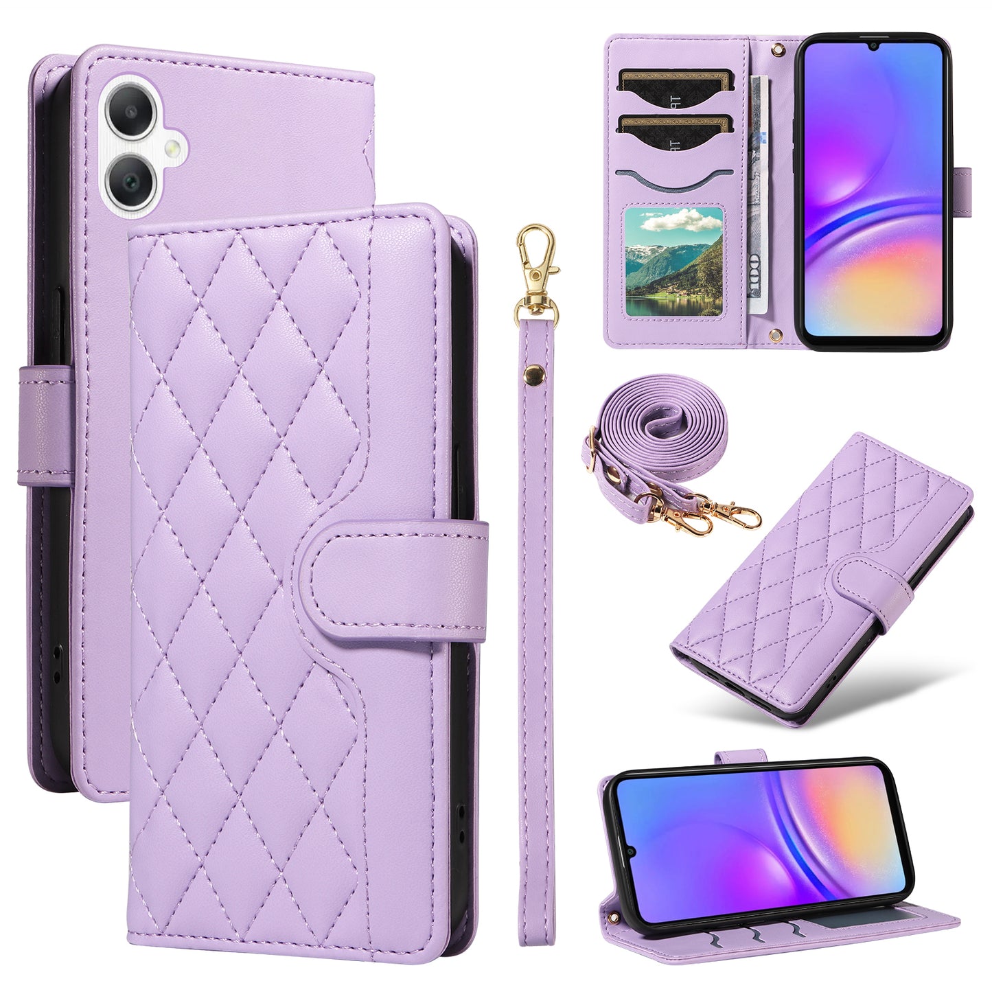For Samsung Galaxy A06 Case Wallet Rhombus Leather Phone Cover with Shoulder Strap, Wrist Strap - Light Purple