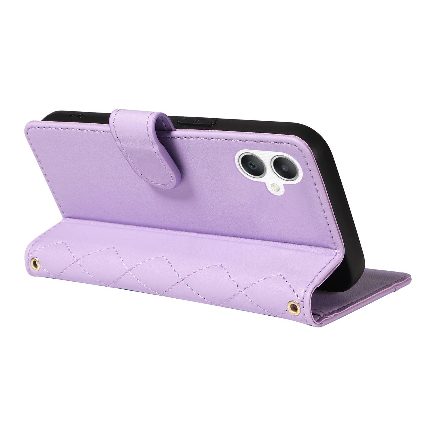 For Samsung Galaxy A06 Case Wallet Rhombus Leather Phone Cover with Shoulder Strap, Wrist Strap - Light Purple