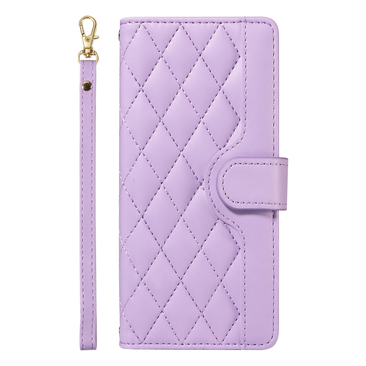For Samsung Galaxy A06 Case Wallet Rhombus Leather Phone Cover with Shoulder Strap, Wrist Strap - Light Purple