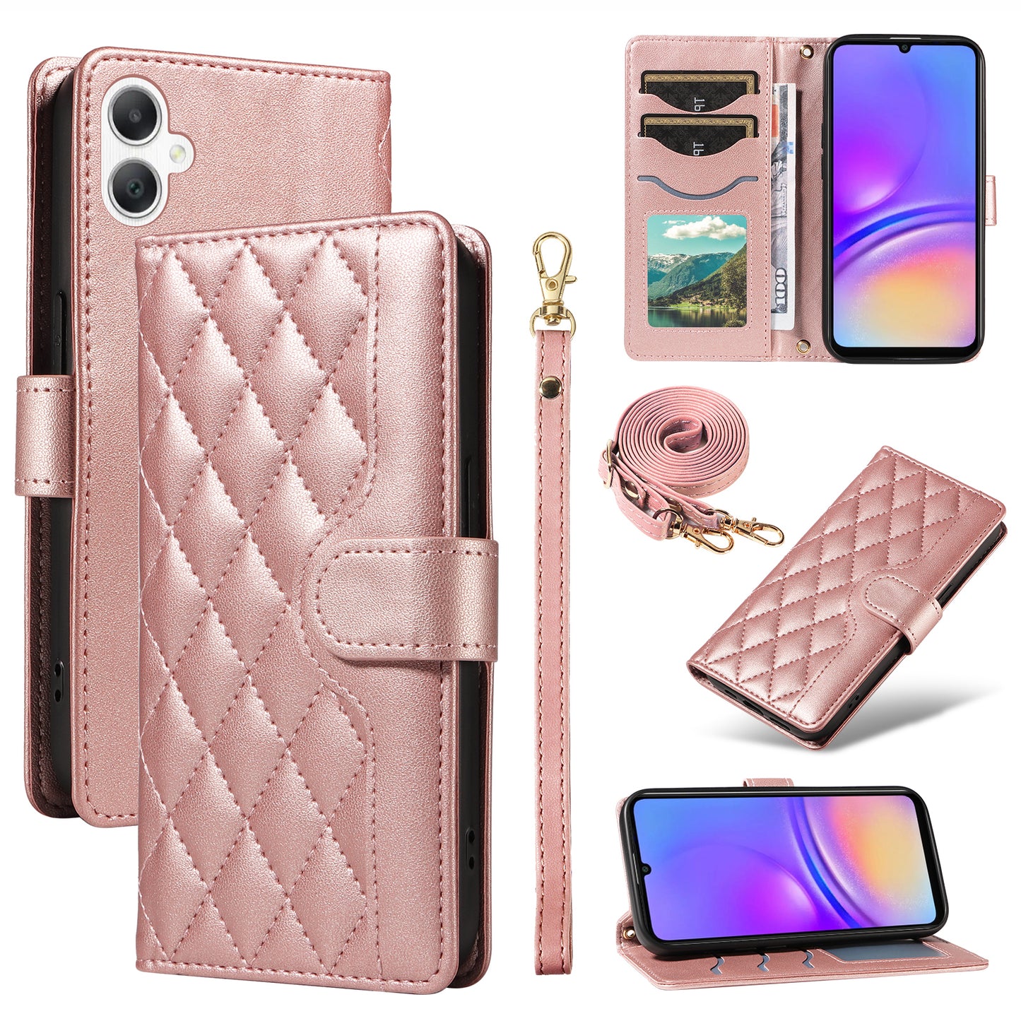 For Samsung Galaxy A06 Case Wallet Rhombus Leather Phone Cover with Shoulder Strap, Wrist Strap - Rose Gold