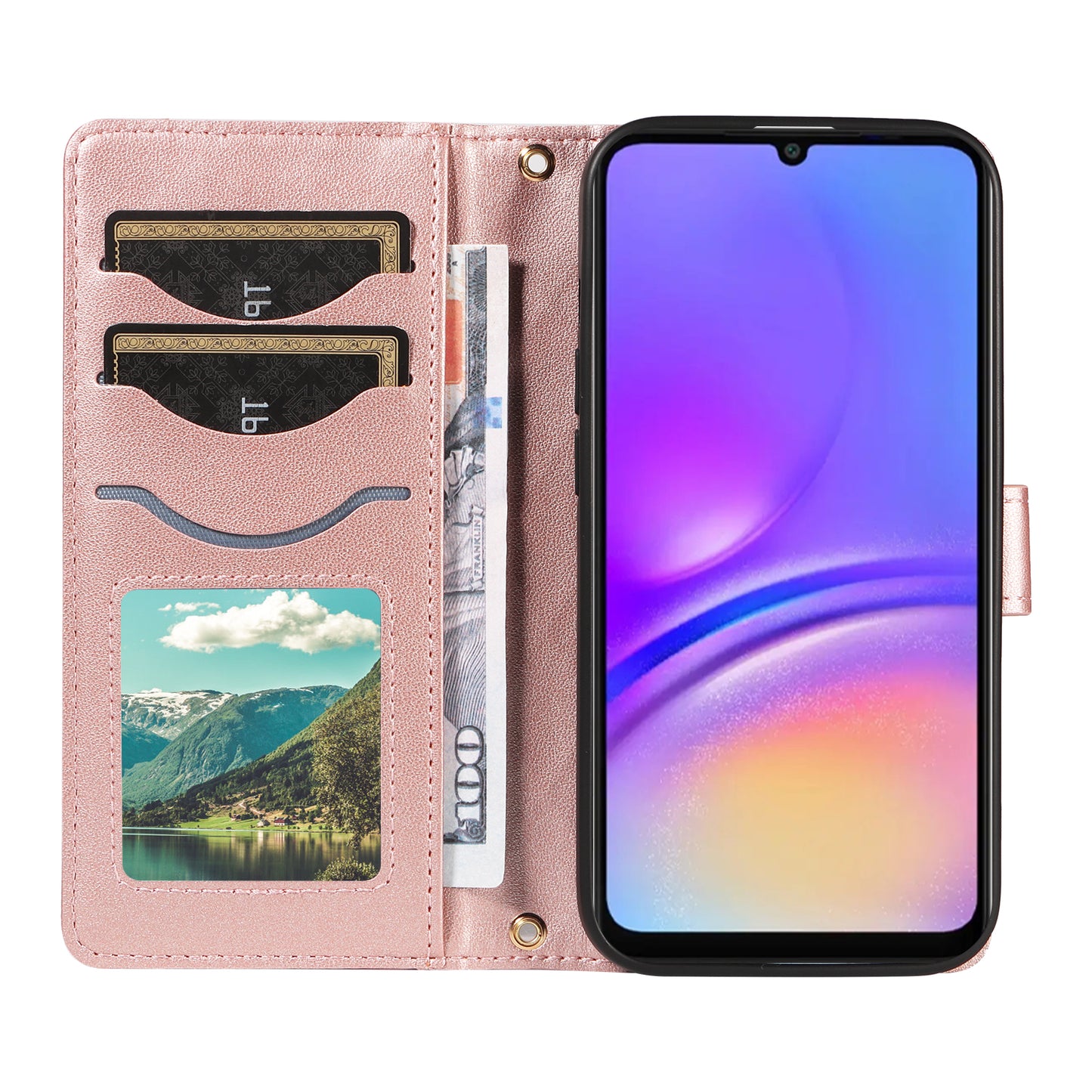 For Samsung Galaxy A06 Case Wallet Rhombus Leather Phone Cover with Shoulder Strap, Wrist Strap - Rose Gold
