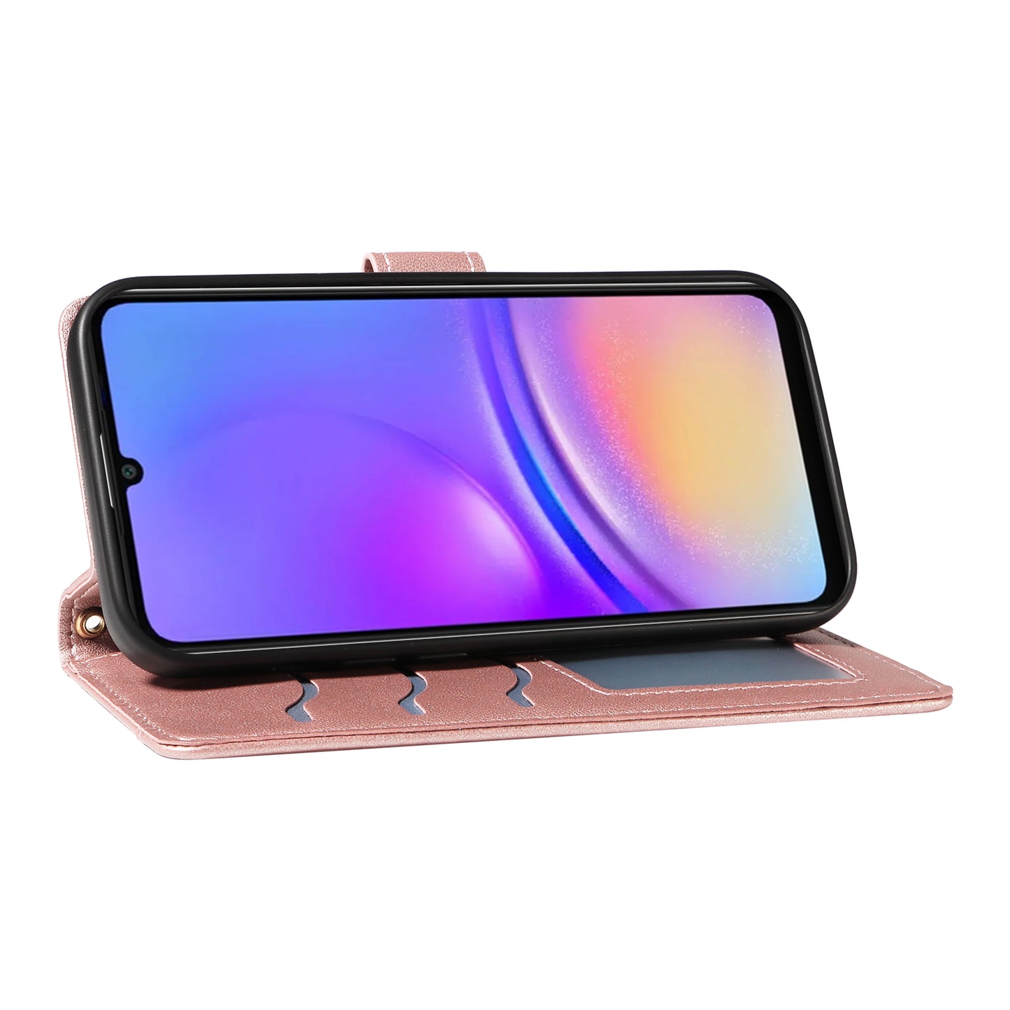 For Samsung Galaxy A06 Case Wallet Rhombus Leather Phone Cover with Shoulder Strap, Wrist Strap - Rose Gold