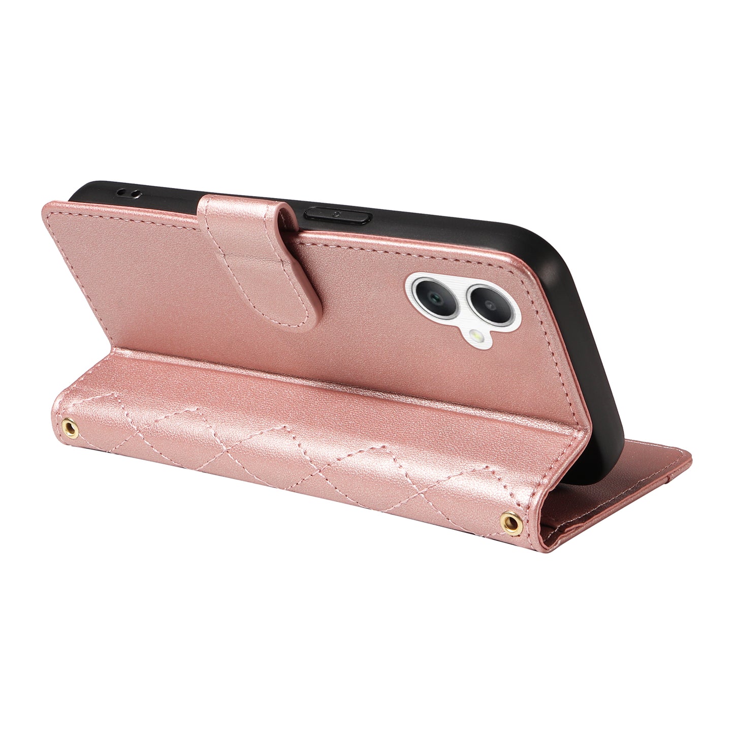 For Samsung Galaxy A06 Case Wallet Rhombus Leather Phone Cover with Shoulder Strap, Wrist Strap - Rose Gold
