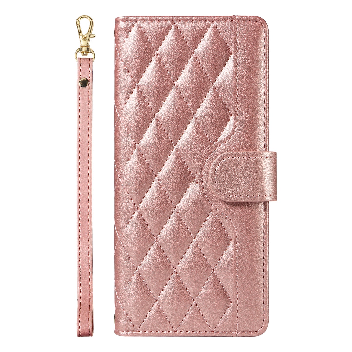 For Samsung Galaxy A06 Case Wallet Rhombus Leather Phone Cover with Shoulder Strap, Wrist Strap - Rose Gold