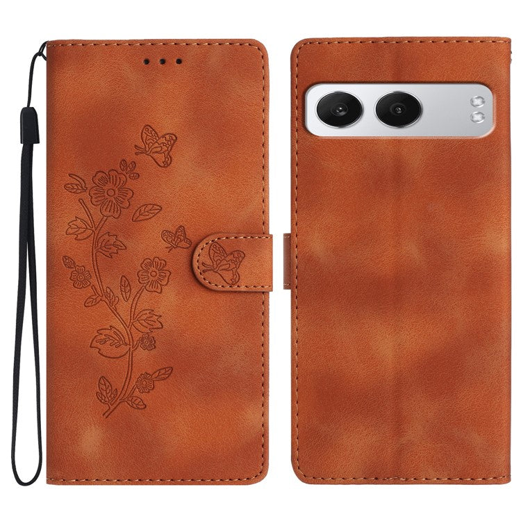 For OnePlus Nord 4 Case Leather Imprinted Flower Phone Cover Wallet with Wrist Strap - Brown